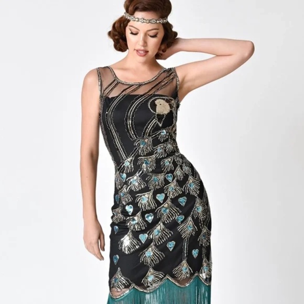 Vintage Look Flapper Dress with Peacock Sequins and Bead Pattern, Size Large